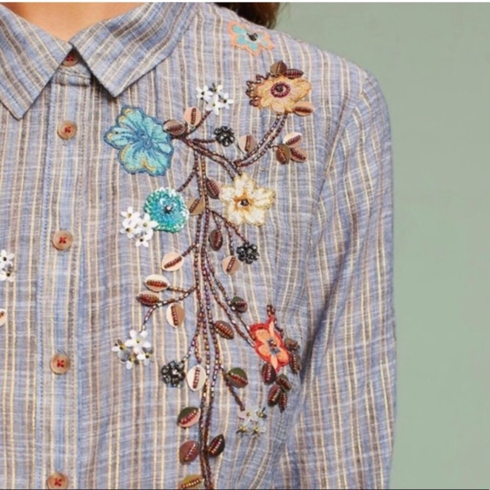 Anthro HD in Paris Embroidered Beaded Gold threaded Blouse